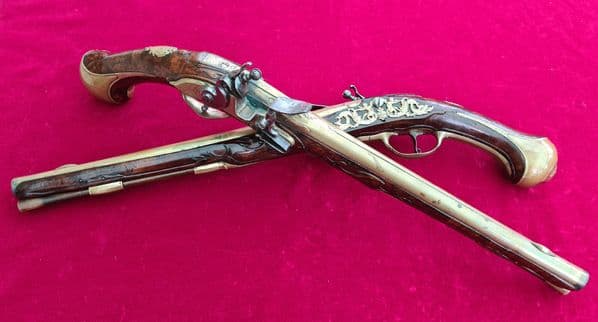 An extremely fine & very long pair of Liege Flintlock Pistols of high quality. Circa 1740. Ref 3927